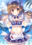 1girl animal_ear_fluff animal_ears apron bell bendy_straw bikini blue_bow blurry blurry_foreground blush bow breasts brown_eyes brown_hair cat_ears cat_girl cat_tail commentary_request day depth_of_field drinking_straw food food-themed_hair_ornament frilled_apron frilled_bikini frilled_skirt frills fruit fruit_tart hair_bow hair_ornament hands_up heart highres holding holding_tray horizon jingle_bell kouta. lemon lemon_slice looking_at_viewer maid_headdress navel ocean original outdoors parted_lips pleated_skirt skirt small_breasts solo striped summer swimsuit tail tray tropical_drink vertical-striped_bikini vertical-striped_skirt vertical_stripes waist_apron water watermelon_hair_ornament white_apron wrist_cuffs 