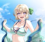  1girl bikini blonde_hair blue_sky braid braided_bangs braided_bun breasts cloud collarbone kantai_collection large_breasts looking_at_viewer official_alternate_costume perth_(kancolle) purple_eyes sky solo striped striped_bikini swimsuit tk8d32 upper_body 