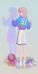 1girl absurdres alternate_color basketball basketball_jersey blue_eyes blue_footwear blue_shirt bob_cut brown_hair chromatic_aberration from_behind full_body high_tops highres jersey long_sleeves looking_back medium_hair original shaded_face shadow shirt shoes_removed shorts shunken_he socks solo standing w_arms white_footwear white_legwear white_shorts wooden_floor 