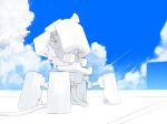 blue_sky cable cloud cloudy_sky greyscale looking_up lordroach mecha megaphone monochrome no_humans original robot sky standing 
