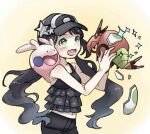  1girl alternate_color alternate_costume alternate_eye_color alternate_hair_color alternate_hairstyle bangs baseball_cap black_hair black_headwear black_pants black_shirt blush commentary_request eggshell eyelashes gen_5_pokemon gen_6_pokemon goomy green_eyes hands_up hat holding holding_pokemon navel open_mouth pants pokemon pokemon_(creature) pokemon_(game) pokemon_xy serena_(pokemon) shiny_pokemon shirt sparkle tongue tudurimike twintails venipede 