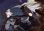  2girls absurdres ak-15_(girls&#039;_frontline) blood brick cy9 fighting girls&#039;_frontline glowing glowing_eye gun handgun highres holding holding_knife knife medium_hair multiple_girls pistol rpk-16_(girls&#039;_frontline) short_hair smile weapon white_hair 