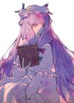  1girl book charu_(mmg_g99) crescent fingernails frills green_ribbon hair_ribbon hat holding holding_book long_hair open_book patchouli_knowledge purple_eyes purple_hair purple_headwear red_ribbon ribbon simple_background solo striped striped_clothes touhou white_background 