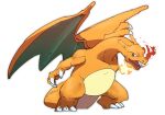  breathing_fire charizard claws fangs fire flame full_body gen_1_pokemon green_eyes highres legs_apart looking_to_the_side morio_(poke_orio) no_humans open_mouth pokemon pokemon_(creature) simple_background solo standing tongue white_background 