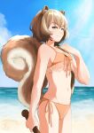  1girl absurdres animal_ear_fluff animal_ears ayunda_risu bangs baseball_bat beach bikini breasts brown_hair cleavage cloud eyebrows_visible_through_hair frilled_bikini frills green_eyes highres holding holding_baseball_bat hololive hololive_indonesia looking_at_viewer navel neriko ocean orange_bikini sideboob sky small_breasts smile solo squirrel_ears squirrel_tail swimsuit tail virtual_youtuber 