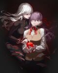  2girls apple bangs body_markings breasts corruption dark_persona dark_sakura dress dual_persona fajyobore fate/stay_night fate_(series) food fruit hair_ribbon heaven&#039;s_feel highres homurahara_academy_uniform large_breasts long_hair long_sleeves matou_sakura multiple_girls open_mouth purple_eyes purple_hair red_ribbon ribbon skirt smile striped vertical-striped_dress vertical_stripes white_hair 