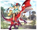  1girl bangs blue_dress blue_hair braid breasts cat character_request claws dinosaur dress eyebrows_visible_through_hair flower full_body green_eyes hair_flower hair_ornament hibiscus highres holding holding_sword holding_weapon jumping monster monster_hunter_(series) monster_hunter_stories_2 nyoro_(nyoronyoro000) open_mouth red_flower riding scales sharp_teeth short_dress slit_pupils small_breasts sword teeth twin_braids v-shaped_eyebrows weapon weapon_on_back 