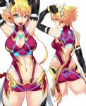  1girl arm_strap armor ass blonde_hair blue_eyes breasts cleavage fang gloves kora_(xenoblade) looking_at_viewer navel negresco open_mouth pointy_ears short_hair simple_background smile solo thighhighs xenoblade_chronicles_(series) xenoblade_chronicles_2 