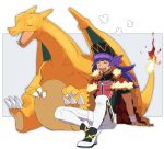  1boy argyle bangs baseball_cap blush cape champion_uniform charizard closed_eyes dark-skinned_male dark_skin eyelashes facial_hair fire flame fur-trimmed_cape fur_trim gen_1_pokemon hat highres leggings leon_(pokemon) long_hair male_focus morio_(poke_orio) open_mouth pokemon pokemon_(creature) pokemon_(game) pokemon_swsh purple_hair red_cape shield_print shirt shoes short_shorts short_sleeves shorts sitting smile sword_print tongue upper_teeth white_legwear white_shorts |d 