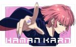  1girl character_name dated eyebrows_visible_through_hair gundam haman_karn lips long_sleeves looking_at_viewer outstretched_hand parted_lips pink_hair purple_eyes purple_nails short_hair signature solo upper_body werkbau zz_gundam 