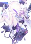  1girl absurdres adjusting_goggles commentary_request crop_top fagun_yibei fresnel_(girls&#039;_frontline_nc) girls&#039;_frontline girls&#039;_frontline_neural_cloud goggles goggles_on_head gradient_neckwear highres id_card legs lights looking_at_viewer midriff open_mouth purple_eyes purple_hair shoes short_hair shorts solo white_background 