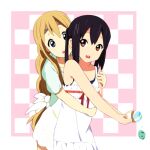  2girls black_hair blonde_hair blue_eyes food hug hug_from_behind ice_cream k-on! kaiman kotobuki_tsumugi long_hair multiple_girls nakano_azusa official_style open_mouth red_eyes simple_background thick_eyebrows twintails 