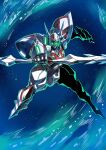  1990s_(style) 1boy d-boy double-blade full_body glowing glowing_eyes green_eyes holding holding_lance holding_polearm holding_weapon lance looking_at_viewer mecha polearm power_armor retro_artstyle science_fiction solo space sword tekkaman_blade tukiwani weapon 