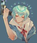  1girl aqua_hair ayanami_rei blue_hair brown_eyes charu_(mmg_g99) gun hair_between_eyes handgun holding holding_gun holding_weapon neck_ribbon neon_genesis_evangelion parted_lips pistol red_ribbon ribbon short_hair solo upper_body weapon 