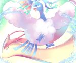  altaria bird brown_eyes closed_eyes closed_mouth commentary_request gen_3_pokemon highres looking_to_the_side milotic musical_note no_humans open_mouth pokemon pokemon_(creature) smile sparkle tongue tudurimike water water_drop 