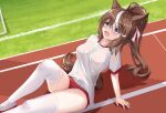  1girl absurdres arm_support blue_eyes blush breasts brown_hair buruma collarbone commentary_request dongyue_sakura foot_out_of_frame highres large_breasts long_hair multicolored_hair open_mouth ponytail red_buruma running_track shirt shoes sitting streaked_hair sweat thighhighs thighs tokai_teio_(umamusume) umamusume white_footwear white_hair white_legwear white_shirt 