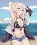 1girl animal_ears armpits bangs bare_shoulders beach bikini black_jacket breasts cleavage cloud commentary denim denim_shorts ear_piercing english_commentary eyebrows_visible_through_hair fur-trimmed_jacket fur_trim grey_eyes grey_hair hair_between_eyes highres hololive jacket jewelry large_breasts lion_ears lion_girl lion_tail long_hair looking_at_viewer navel necklace outdoors pennylessmac piercing shishiro_botan short_shorts shorts sidelocks sitting sky smile solo striped striped_bikini swimsuit tail two_side_up virtual_youtuber water 