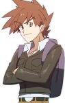  1boy backpack bag bangs belt belt_buckle black_belt brown_eyes brown_hair brown_pants buckle closed_mouth collared_shirt commentary_request crossed_arms eyebrows_visible_through_hair gary_oak grey_bag highres jacket male_focus morio_(poke_orio) necktie pants pokemon pokemon_(anime) pokemon_swsh_(anime) shirt short_hair simple_background smile solo spiked_hair white_background white_shirt 