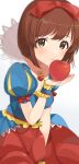  1girl apple between_legs blue_dress bob_cut bow brown_eyes brown_hair dot_nose dress food fruit hagiwara_yukiho hair_bow hand_between_legs heart heart_necklace highres holding holding_food holding_fruit idolmaster idolmaster_million_live! idolmaster_million_live!_theater_days inuyama_nanami jewelry looking_at_viewer medium_hair necklace parted_lips puffy_short_sleeves puffy_sleeves red_apple red_bow red_skirt short_sleeves simple_background skirt sleeping_beauty solo white_background 