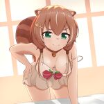  1girl animal_ear_fluff animal_ears ayunda_risu beige_dress bent_over breasts breasts_apart brown_hair cleavage english_commentary eyebrows_behind_hair green_eyes hand_on_hip highres hololive hololive_indonesia medium_hair smile solo squirrel_ears squirrel_girl squirrel_tail tail telomere v-shaped_eyebrows virtual_youtuber 