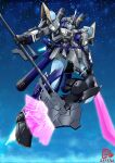  axe blue_bow bow dated energy_axe energy_sword english_commentary gelgoog gundam highres holding holding_axe holding_sword holding_weapon hololive horns hoshimachi_suisei mecha mechanization mobile_suit mobile_suit_gundam no_humans one-eyed pravin_rao_santheran purple_eyes science_fiction single_horn solo space sword virtual_youtuber weapon 