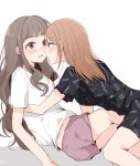  2girls azuko_(ampenm) blush brown_eyes brown_hair character_request clothes_writing commentary_request eye_contact eyebrows_visible_through_hair highres idolmaster idolmaster_cinderella_girls imminent_kiss light_brown_eyes light_brown_hair long_hair looking_at_another multiple_girls parted_lips shadow yuri 
