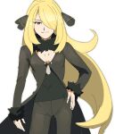 1girl alternate_eye_color blonde_hair breasts brown_coat brown_pants cleavage coat commentary cowboy_shot cynthia_(pokemon) eyelashes fur-trimmed_coat fur_trim hair_ornament hair_over_one_eye hand_on_hip long_hair long_sleeves looking_at_viewer morio_(poke_orio) pants pokemon pokemon_(game) pokemon_dppt shirt simple_background smile solo very_long_hair white_background yellow_eyes 