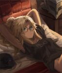  1girl black-framed_eyewear black_cat black_shirt blonde_hair blush bottomless cat closed_mouth fate/apocrypha fate_(series) flat_chest_joke glasses green_eyes hands_up headwear_removed helmet helmet_removed highres looking_at_viewer lying mordred_(fate) mordred_(fate)_(all) naked_shirt on_back ponytail shirt solo tonee 