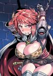  1girl armor armpits breasts cape cleavage earrings granblue_fantasy horns jewelry large_breasts leotard looking_at_viewer red_eyes red_hair short_hair solo sturm_(granblue_fantasy) thighhighs tukiwani weapon 
