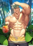  1boy abs alternate_costume alternate_pectoral_size bara beach black_male_swimwear blue_eyes day fate/grand_order fate_(series) highres jewelry large_pectorals looking_at_viewer male_focus male_swimwear muscular muscular_male necklace nipples outdoors pectorals percival_(fate) shirtless short_hair smile solo swim_trunks upper_body white_hair xelgot yellow_male_swimwear 
