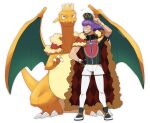  1boy argyle arm_up baseball_cap cape champion_uniform charizard claws closed_eyes closed_mouth crown dark-skinned_male dark_skin dynamax_band facial_hair fangs fangs_out fur-trimmed_cape fur_trim gen_1_pokemon gloves grin hand_on_hip hat hatted_pokemon highres leggings leon_(pokemon) long_hair male_focus morio_(poke_orio) partially_fingerless_gloves pokemon pokemon_(creature) pokemon_(game) pokemon_swsh purple_hair red_cape shield_print shirt shoes short_shorts short_sleeves shorts simple_background single_glove smile standing sword_print teeth white_background white_legwear white_shorts wristband 