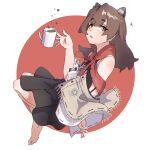  1girl animal_ear_fluff animal_ears bangs bare_shoulders barefoot black_shirt black_skirt blush brown_eyes brown_hair commentary_request cup eyebrows_visible_through_hair fringe_trim full_body highres kuro_kosyou long_hair looking_at_viewer mug original parted_lips pleated_skirt red_background ribbon_trim shirt skirt sleeveless sleeveless_shirt solo thick_eyebrows two-tone_background white_background 