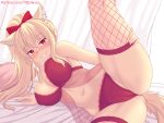  animal_ear_fluff animal_ears ass ass_visible_through_thighs bangs bare_arms bare_shoulders blonde_hair blush bow bra breasts cat_ears cat_girl cat_tail eyebrows_visible_through_hair fishnets hair_bow hair_ornament heart heart-shaped_pupils highres large_breasts leg_lift lingerie long_hair looking_at_viewer lying navel nottytiffy on_side original panties parted_lips patreon_username ponytail red_bow red_bra red_eyes red_legwear red_panties slit_pupils smile spread_legs symbol-shaped_pupils tail thighhighs thighs tiffy_(nottytiffy) underwear 