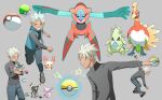  1boy alternate_costume bangs closed_mouth commentary_request deoxys deoxys_(normal) espeon gen_2_pokemon gen_3_pokemon great_ball grey_background grey_hair grey_shirt grin highres ho-oh holding holding_poke_ball jacket komepan legendary_pokemon male_focus master_ball multiple_views mythical_pokemon nest_ball net_ball orange_eyes outstretched_arm parted_bangs plusle poke_ball pokemon pokemon_(creature) pokemon_(game) pokemon_colosseum premier_ball shirt shoes short_hair simple_background sleeveless sleeveless_jacket smile sneakers spiked_hair standing star_(symbol) sweatdrop teeth timer_ball tyranitar umbreon wes_(pokemon) 