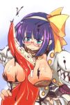  1girl armor bangs between_breasts blue_background blue_eyes blunt_bangs blush bob_cut breasts closed_mouth commentary_request emon-yu eyebrows_visible_through_hair genetic_(ragnarok_online) glasses gradient gradient_background grey_hairband hairband large_breasts living_clothes nipples pauldrons purple_hair ragnarok_online round_eyewear short_hair shoulder_armor slime_(substance) teeth tentacles upper_body 