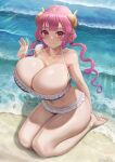  1girl absurdres beach beads bikini blush breasts day dragon_girl dragon_horns dragon_tail fang hair_beads hair_ornament highres horns huge_breasts ilulu_(maidragon) kobayashi-san_chi_no_maidragon long_hair navel ocean outdoors pink_hair sand shiny shiny_hair shiny_skin silvertsuki1 sitting slit_pupils solo swimsuit tail twitter_username water 