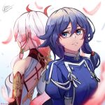 2girls absurdres back bangs bare_shoulders black_hair blue_eyes blue_jacket china_dress chinese_clothes cruzvu dress dual_persona elbow_gloves feathers fu_hua fu_hua_(phoenix) fu_hua_(valkyrie_accipter) glasses gloves hair_between_eyes hair_ornament highres honkai_(series) honkai_impact_3rd huge_filesize jacket long_hair long_sleeves looking_to_the_side multicolored_hair multiple_girls ponytail red_gloves simple_background sleeveless smile streaked_hair teeth white_background white_dress white_hair 