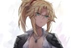  1girl black_jacket blonde_hair braid fate/apocrypha fate_(series) french_braid glasses green_eyes head_tilt jacket jewelry looking_at_viewer medium_hair mordred_(fate) mordred_(fate)_(all) necklace no_bra open_clothes open_shirt parted_lips ponytail shirt solo tonee upper_body white_background white_shirt 