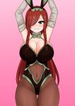  1girl absurdres animal_ears ass_visible_through_thighs bow bowtie breasts cleavage erza_scarlet fairy_tail hair_over_one_eye highres large_breasts long_hair looking_at_viewer navel pink_background playboy_bunny rabbit_ears red_hair simple_background smile solo the_only_shoe 