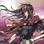 1boy artist_name belt black_hair cape cloak final_fantasy final_fantasy_vii frown gauntlets headband long_hair looking_at_viewer looking_to_the_side red_cape red_eyes red_headband shuri_yasuyuki sleeves_rolled_up torn_clothes twitter_username upper_body vincent_valentine wind 