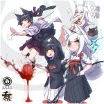  4girls :d animal_ear_fluff animal_ears bangs bare_arms bare_legs bare_shoulders barefoot black_footwear black_hair black_hakama black_kimono boots bow bow_(weapon) brown_eyes chromatic_aberration closed_mouth commentary_request cross-laced_footwear crossed_arms crossed_legs english_text eyebrows_visible_through_hair fang fox_ears fox_girl fox_tail hair_bow hakama hakama_skirt highres holding holding_bow_(weapon) holding_weapon japanese_clothes kasumi_(kuro_kosyou) kimono kiseru kitsune koyuki_(kuro_kosyou) kuro_(kuro_kosyou) kuro_kosyou lace-up_boots lantern long_hair multiple_girls obi open_mouth original pipe pipe_in_mouth ponytail purple_bow purple_eyes purple_hakama red_bow sash shikigami shiro_(kuro_kosyou) short_eyebrows smile socks tabi tail thick_eyebrows very_long_hair water weapon white_hair white_hakama white_kimono white_legwear zouri 