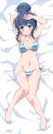  1girl absurdres armpits arms_up bangs bare_legs barefoot bed_sheet bikini blue_hair blush breasts cleavage collarbone commentary_request dakimakura_(medium) eggman_(pixiv28975023) eyebrows_visible_through_hair feet full_body hair_bun highres knees_together_feet_apart looking_at_viewer lying navel on_back purple_eyes shima_rin side-tie_bikini sidelocks solo striped striped_bikini swimsuit toes underboob untied untied_bikini yurucamp 