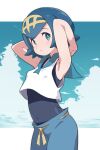  1girl armpits arms_behind_head blue_eyes blue_hair blue_sky breasts cloud covered_navel day highres lana_(pokemon) long_hair looking_at_viewer pokemon pokemon_(game) pokemon_sm short_hair sky small_breasts solo swimsuit swimsuit_under_clothes two-tone_background white_background yokoyoko_(nazonazo) 