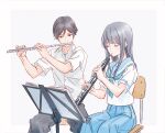  1777_kaki 1boy 1girl bangs black_hair black_pants blue_eyes blue_hair blue_neckwear blue_sailor_collar blue_skirt blush chair closed_eyes collared_shirt flute genderswap hibike!_euphonium holding holding_instrument instrument kasaki_nozomi kitauji_high_school_uniform liz_to_aoi_tori long_hair music music_stand neckerchief oboe pants playing_instrument pleated_skirt sailor_collar school_uniform serafuku shirt short_hair short_sleeves simple_background sitting skirt white_shirt yoroizuka_mizore 