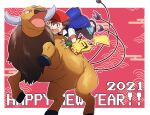  1boy 2021 ash_ketchum backwards_hat bangs baseball_cap blue_jacket commentary_request fingerless_gloves gen_1_pokemon gloves green_gloves happy_new_year hat jacket male_focus morio_(poke_orio) new_year open_mouth outline pants pikachu pokemon pokemon_(anime) pokemon_(classic_anime) pokemon_(creature) red_headwear riding riding_pokemon shoes short_hair short_sleeves spiked_hair sweatdrop tauros tongue 