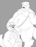  2018 anthro balls belly bravo canid canine canis collar domestic_dog duo erection eyewear genitals glasses hi_res humanoid_hands leash leash_pull male male/male mammal moobs penis petplay roleplay simple_background 