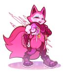  anthro asian_mythology bottomless canid canine chubby_female claws clothed clothing curvy_figure east_asian_mythology female footwear fox fox_spirit fur hi_res korean_mythology kumiho leggings legwear looking_at_viewer mammal mangneto melee_weapon mythology navel neck_tuft nunchaku open_mouth pink_body pink_fur purple_eyes raised_clothing raised_sweater raised_topwear shoes showing_teeth solo sweater telemonster topwear torn_clothing tuft walking weapon yossi 