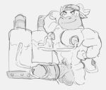  2021 animal_crossing anthro balls big_penis bovid bovine cattle erection genitals horn machine male mammal milking_machine monochrome muscular muscular_male nintendo penis phosbara simple_background sketch solo vic_(animal_crossing) video_games 