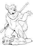  2017 anthro biceps biped black_and_white blind canid canine canis dazed domestic_dog duo fighting_pose fur housepets! male mammal melee_weapon monochrome pecs pose rick_griffin scarf spiral_eyes staff uncle_deadeye_(housepets!) weapon webcomic webcomic_character wolf 