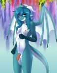  anthro blue_body dragon girly hair hi_res knot liam_howard liamhowardfluffyboy long_hair male nude orange_eyes scalie solo wings 